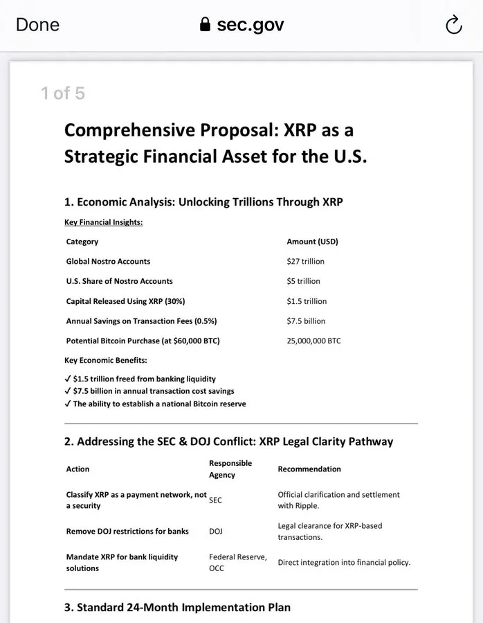 SEC网站上的提案建议将XRP列为美国金融系统的重要资产